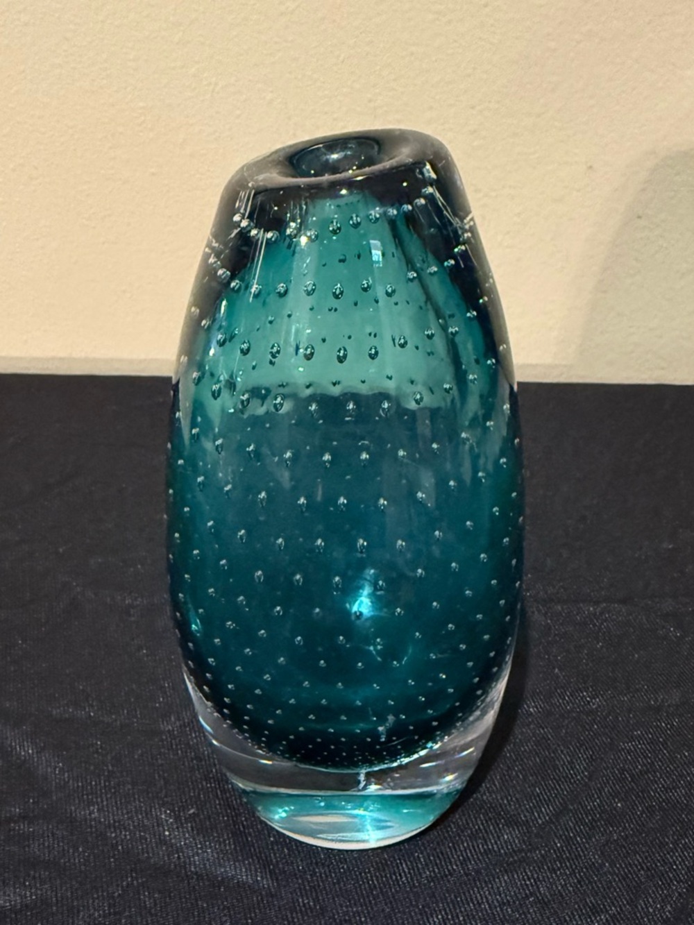 Signed Ernest Gordon Åfors Sweden Art Glass Vase - Teal Controlled Bubble 6"